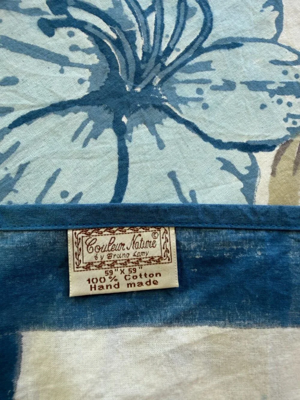 Vintage Couleur Nature by Bruno Lamy Tablecloth 59x59 Blue Hibiscus Hand Block